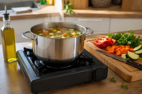 Gaskocher mit Topf mit dampfender Suppe, daneben aufgeschnittenes Gemüse