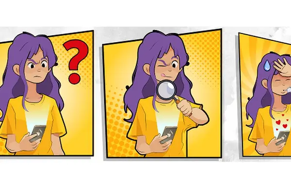 Dreiteiliges Bild mit einer weiblichen Comicfigur mit Lupe, die angestrengt ein Rätsel löst