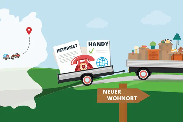 Infografik: Deutschlandkarte, Umzugswagen, Handyvertrag