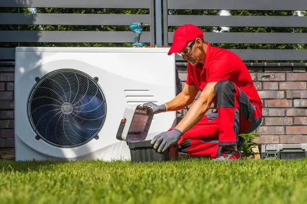 Ein Techniker bei der Aufstellung einer Wärmepumpe in einem Garten