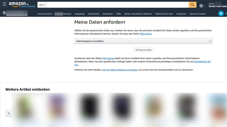 Screenshot der Datenanforderung bei Amazon