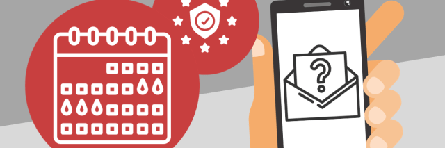Ein Kalender mit Menstruationszyklus, ein Symbol für Datenschutz und ein Handy mit einem Symbol für eine abgeschickte Anfrage.