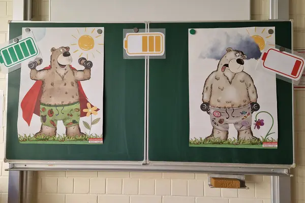 Tafel im Klassenraum mit zwei Bilder, auf denen Bären zu sehen sind