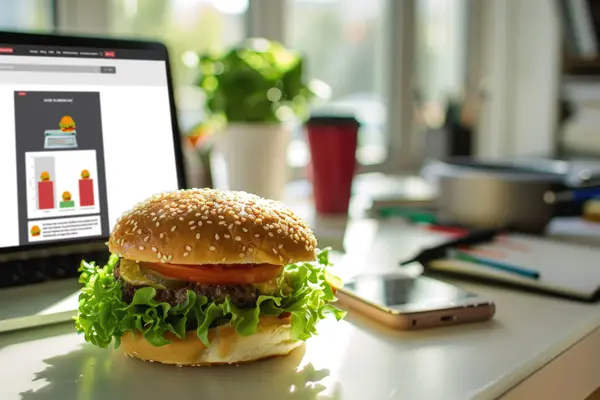 Burger auf Schreibtisch vorm Laptop