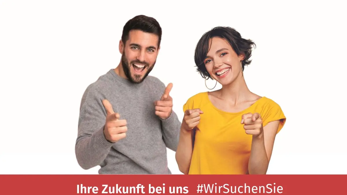 Zwei Personen Mann und Frau im weißem Hintergrund mit einen Hinweis Wir suchen Sie