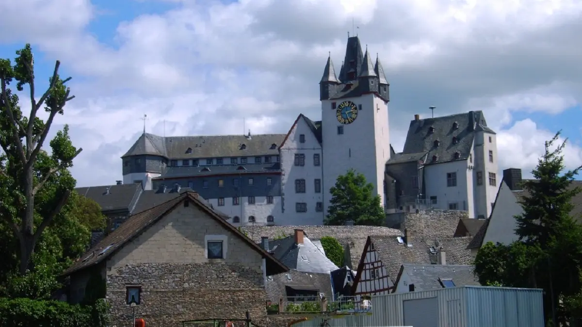Häuser einer Stadt und im Hintergrund ein Schloss.