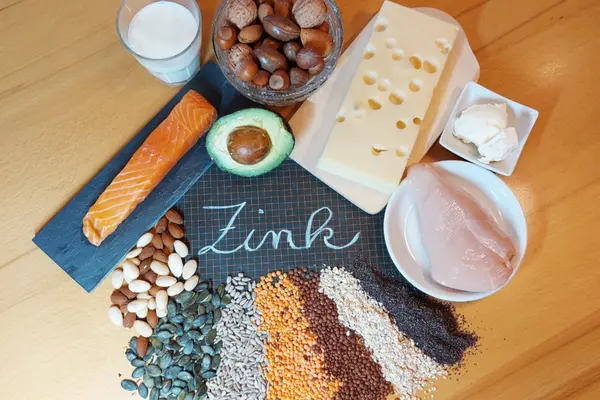 Verschiedene Lebensmittel, die Zink enthalten, sind um eine Tafel gruppiert, auf der das Wort Zink steht.