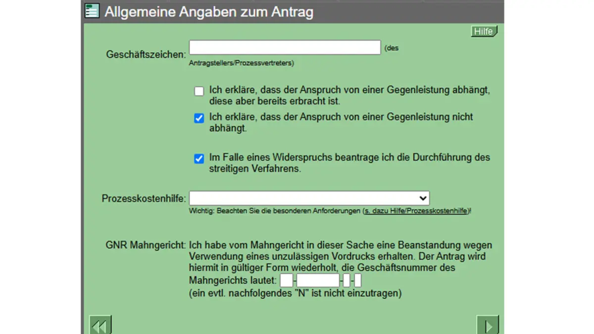 Screenshot einer Formularseite von online-mahnantrag.de