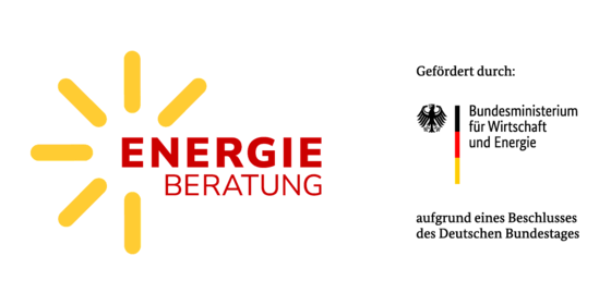 Logo mit der Aufschrift „ENERGIE BERATUNG“, umrahmt von einem gelben, stilisierten Sonnen- oder Energiestrahlen-Symbol. Rechts daneben der Text „Gefördert durch: Bundesministerium für Wirtschaft und Energie aufgrund eines Beschlusses des Deutschen Bundestages“, ergänzt durch das Bundesadler-Wappen und einen Balken in den Farben Schwarz-Rot-Gold.