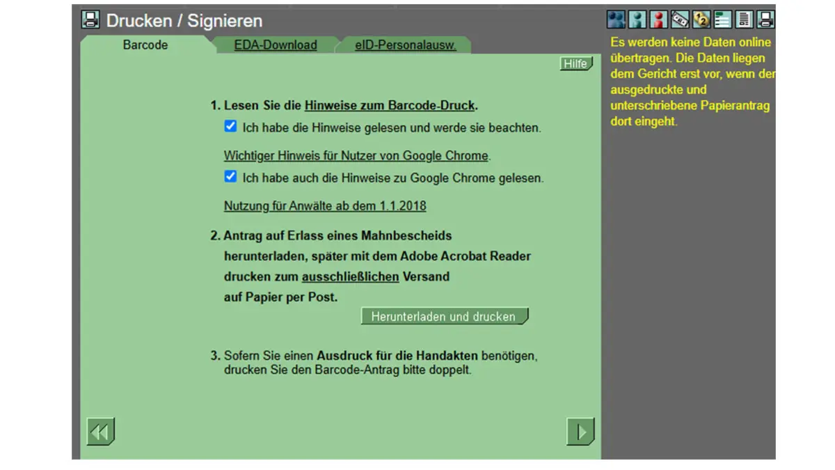 Screenshot einer Formularseite von online-mahnantrag.de