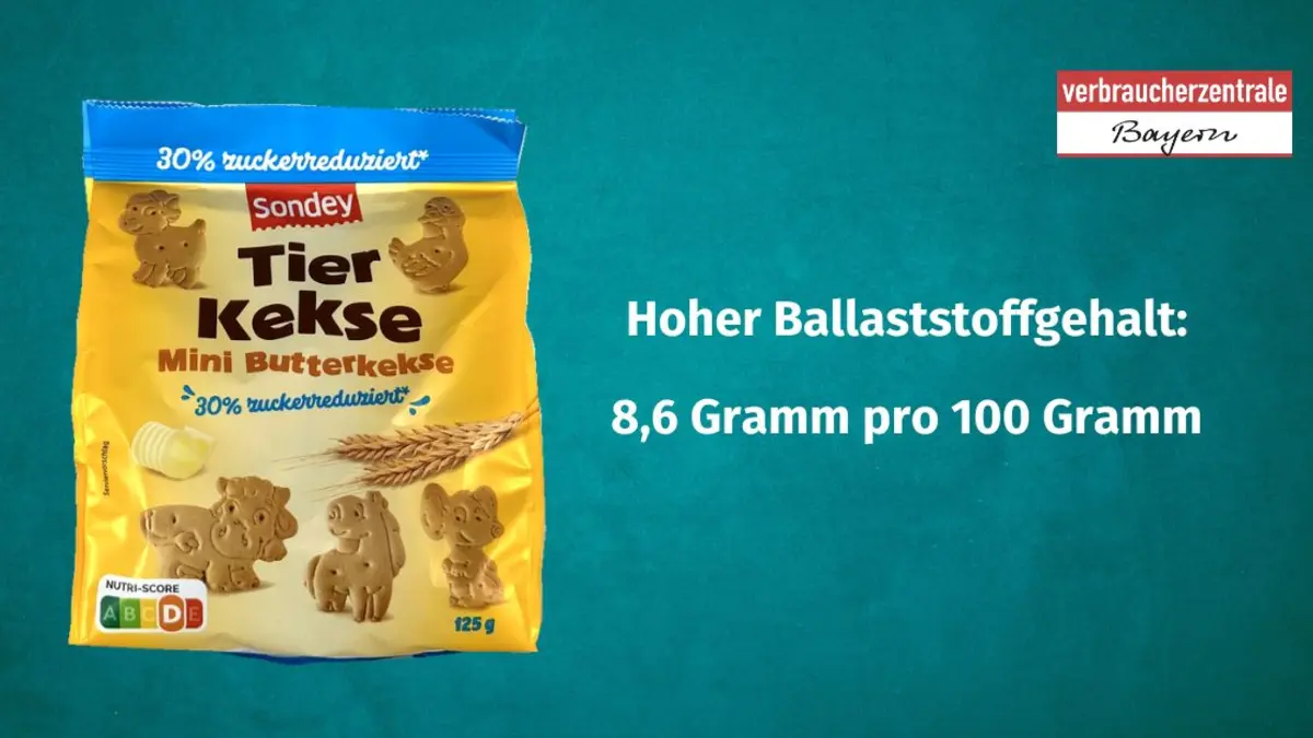 Produktfoto von Kinderkeksen mit der Angabe des Ballaststoffgehaltes