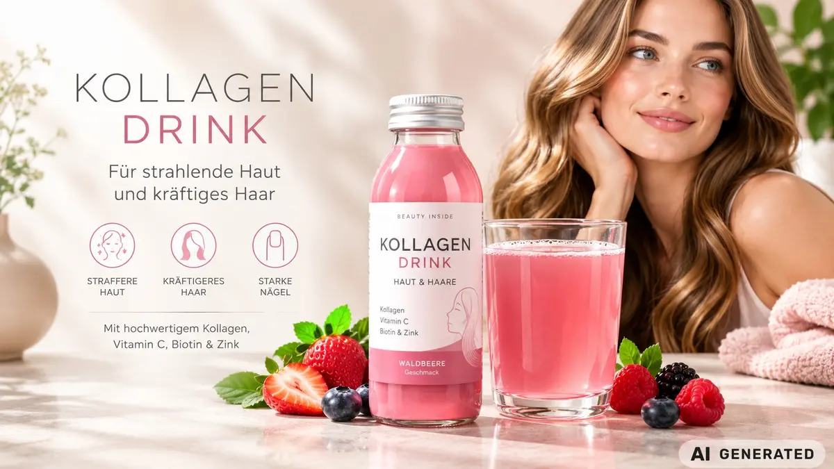schöne  langhaarige Frau, vor ihr steht eine Flasche und Glas mit einem rosa Inhalt