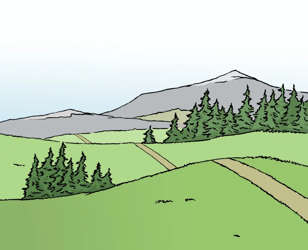 Landschaft mit Wiesen, Hügeln und Bäumen