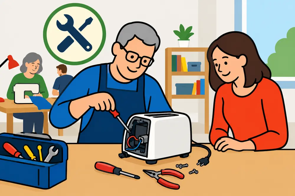 für leichte Sprache: Repair-Cafe - Mann schraubt an einem Toaster, daneben steht eine Frau und schaut zu, im Hintergrund weiterer Tisch, wo repariert wird.