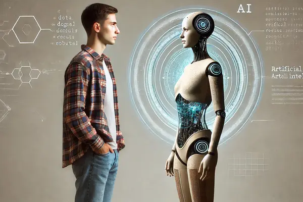 Das Bild zeigt einen 45-jährigen Menschen, der in Alltagskleidung einer KI gegenübersteht, die durch digitale Codes, Schaltkreise und holografische Elemente als datengetriebener Computer erkennbar ist, während sie sich in die Augen blicken.