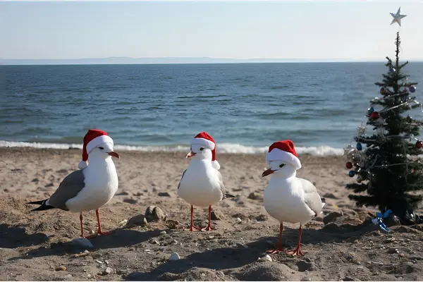 Strand, 3 Möwen mit Weihnachtsmütze und einen geschmückten Tannenbaum