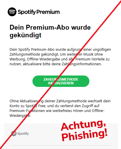Screenshot einer E-Mail mit Logo von Spotify und Text: "Dein Premium-Abo wurde gekündigt Dein Sроtіfу Premium-Abo wurde aufgrund einer ungültigen Zahlungsmethode gekündigt. Um weiterhin Musik ohne Werbung, Offline-Wiedergabe und alle Premium-Vorteile zu nutzen, aktualisiere bitte deine Zahlungsinformationen.  Zahlungsmethode aktualisieren	 Ohne Aktualisierung deiner Zahlungsmethode wechselt dein Konto zu Sроtіfу Free, und du verlierst den Zugriff auf Premium-Funktionen wie werbefreies Hören und Offline-Wiedergabe.   SроtіfуLogo"