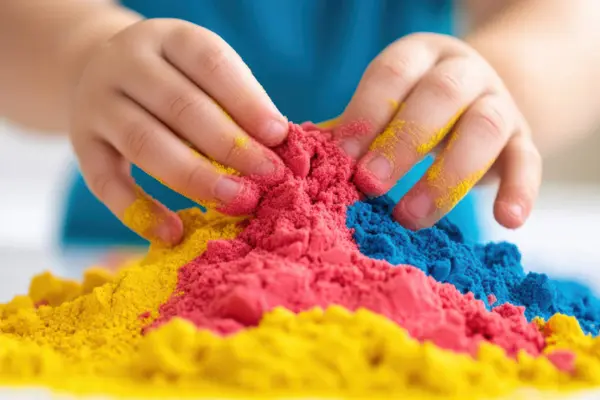 Kinderhände spielen mit buntem Sand