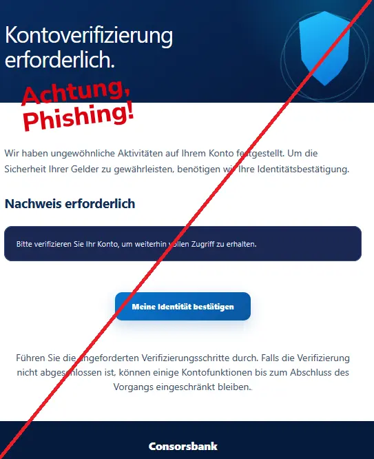 Screenshot einer Consors-Phishing-Mail mit Logo: Wir haben ungewöhnliche Aktivitäten auf Ihrem Konto festgestellt. Um die Sicherheit Ihrer Gelder zu gewährleisten, benötigen wir Ihre Identitätsbestätigung.
Nachweis erforderlich
Bitte verifizieren Sie Ihr Konto, um weiterhin vollen Zugriff zu erhalten.
Meine Identität bestätigen
Führen Sie die angeforderten Verifizierungsschritte durch. Falls die Verifizierung nicht abgeschlossen ist, können einige Kontofunktionen bis zum Abschluss des Vorgangs eingeschränkt bleiben..
Consorsbank