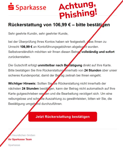 Screenshot einer Phishing-Mail mit Logo der Sparkasse und Text: "Sparkasse
Rückerstattung von 106,99 € - bitte bestätigen
Sehr geehrte Kundin, sehr geehrter Kunde,
bei der Überprüfung Ihres Kontos haben wir festgestellt, dass Ihnen zu Unrecht 106,99 € an Kontoführungsgebühren abgebucht wurden.
Selbstverständliche möchten wir Ihnen diesen Betrag vollständig und sofort zurückerstatten.
Die Gutschrift erfolgt unmittelbar nach Bestätigung direkt auf Ihre Karte.
Bitte bestätigen Sie Ihre Rückerstattung innerhalb von 24 Stunden über unser sicheres Kundenportal, damit der Betrag zeitnah bei Ihnen eingeht.
Wichtiger Hinweis: Sollten Sie die Rückerstattung nicht innerhalb der nächsten 24 Stunden bestätigen, kann der Betrag nicht automatisch auf Ihre Karte gutgeschrieben werden und die Bearbeitung verzögert sich. Um eine reibungslose und schnelle Auszahlung zu gewährleisten, bitten wir Sie, die Bestätigung umgehend durchzuführen.
Jetzt Rückerstattung bestätigen
Mit freundlichen Grüßen
Ihr Sparkasse Team
Sparkasse"