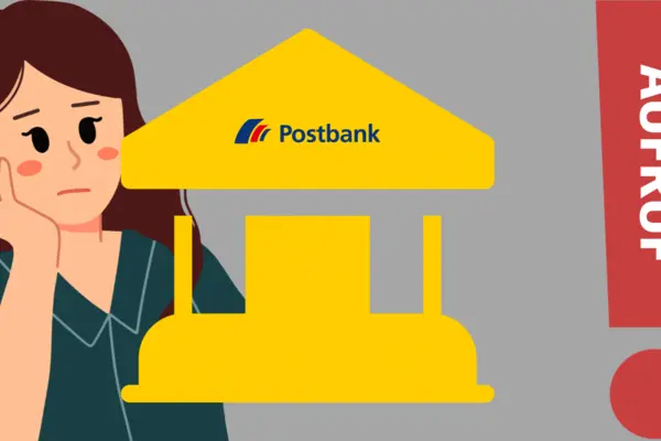 Eine Frau schaut traurig auf eine Postbank. Daneben ein Ausrufezeichen mit dem Wort Postbank.