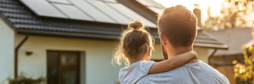 Mann mit Kind blickt auf Photovoltaikanlage auf dem Dach des Eigenheims