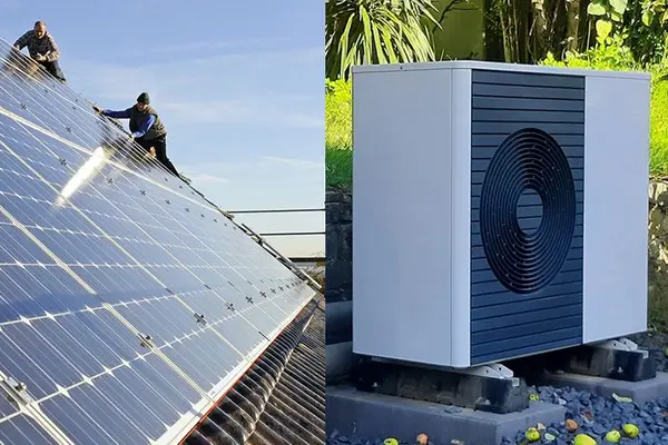 links PV-Anlage, rechts Wärmepumpe