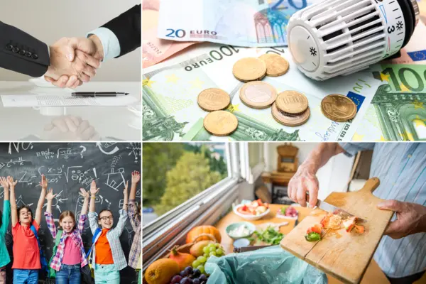 eine Collage aus vier Bilder: ein Handschlag, Geld auf dem ein Heizthermostat liegt, Kinder vor einer Tafel und ein Mann der in der Küche Essenreste in den Abfall wirf
