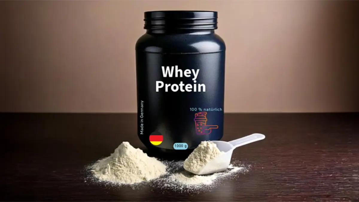 Eine schwarze Dose mit der Aufschrift "Whey-Protein", die eine deutsche Flagge als Herkunftsnachweis trägt
