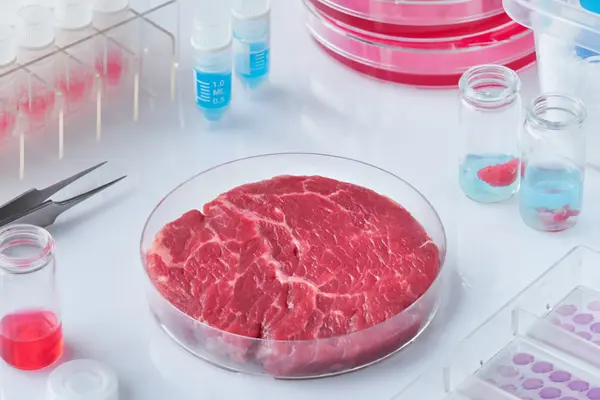 Künstlich hergestelltes Fleisch liegt im Labor in einer Schale