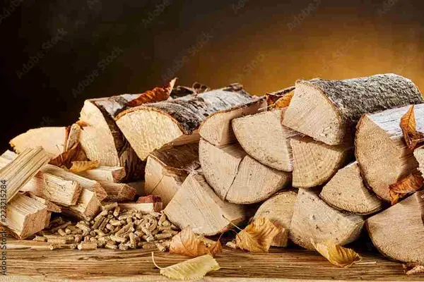 Holz und Pellets gestapelt