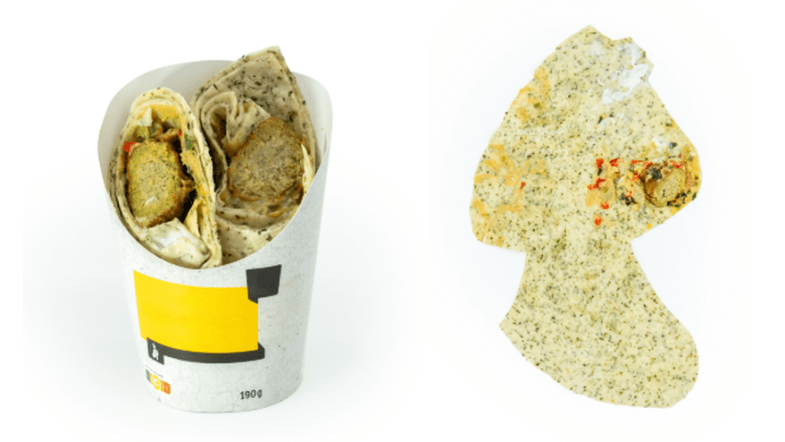 Ein Humus-Wrap zusammengeroll und aufgeklappt