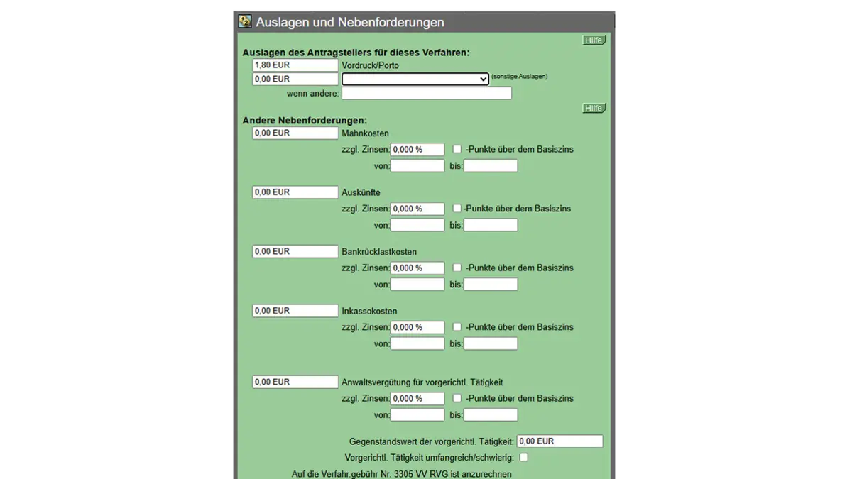 Screenshot einer Formularseite von online-mahnantrag.de