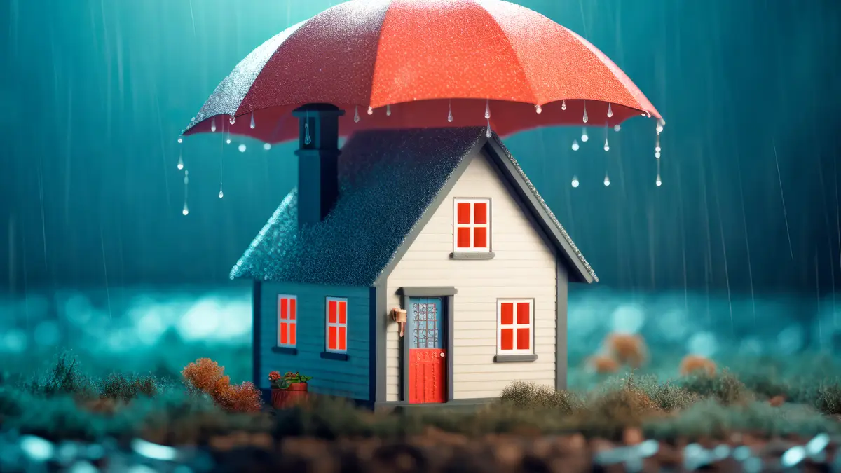 Regenschirm schützt Haus vor Regen