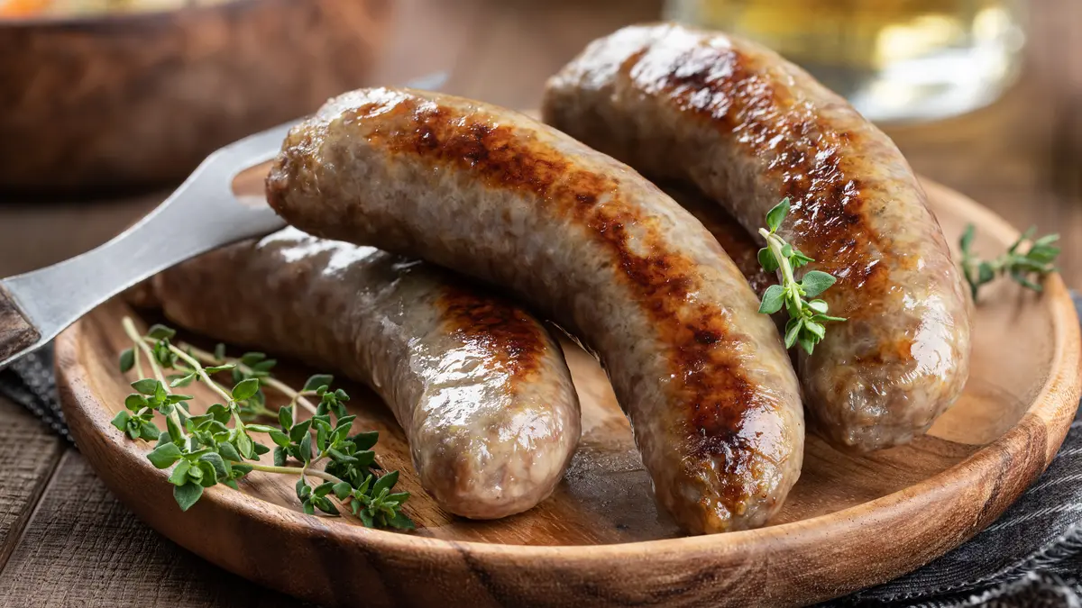 Gegrillte Bratwürste liegen garniert mit Thymian auf