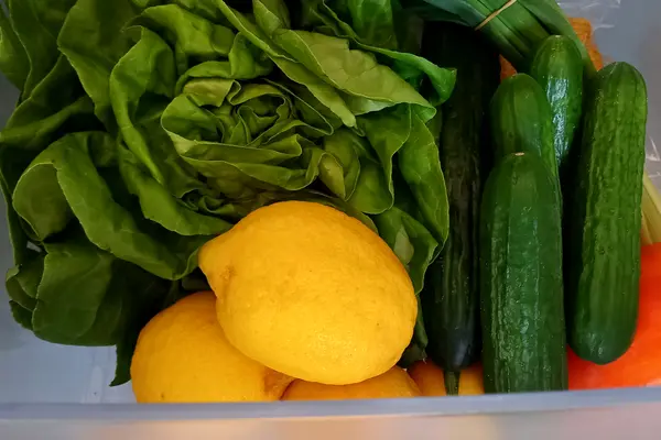 Zitronen liegen mit Salat und Gurken im Gemüsefach