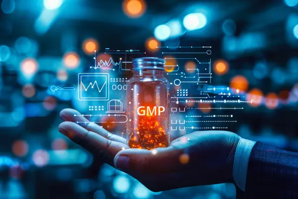 Ein Mann hält ein Glasgefäß in der Hand, auf dem die Buchstaben GMP für Good Manufacturing Process stehen