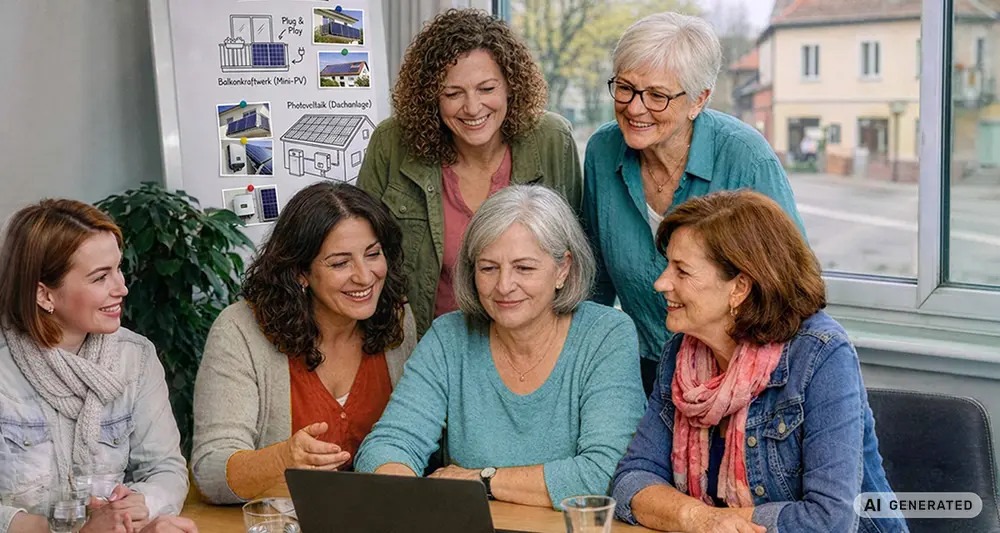 Frauen in einem Seminarraum schauen sich auf dem Laptop etwas an. Im Hintergrund ist ein Flipchart mit Grafiken zu Photovoltaikanlagen und ein Fenster mit Sicht auf die Straße zu sehen.