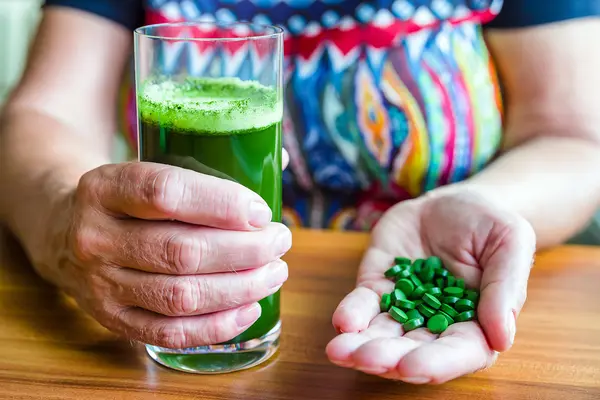Chlorella im Glas zum Trinken und auf der Hand als Pillen