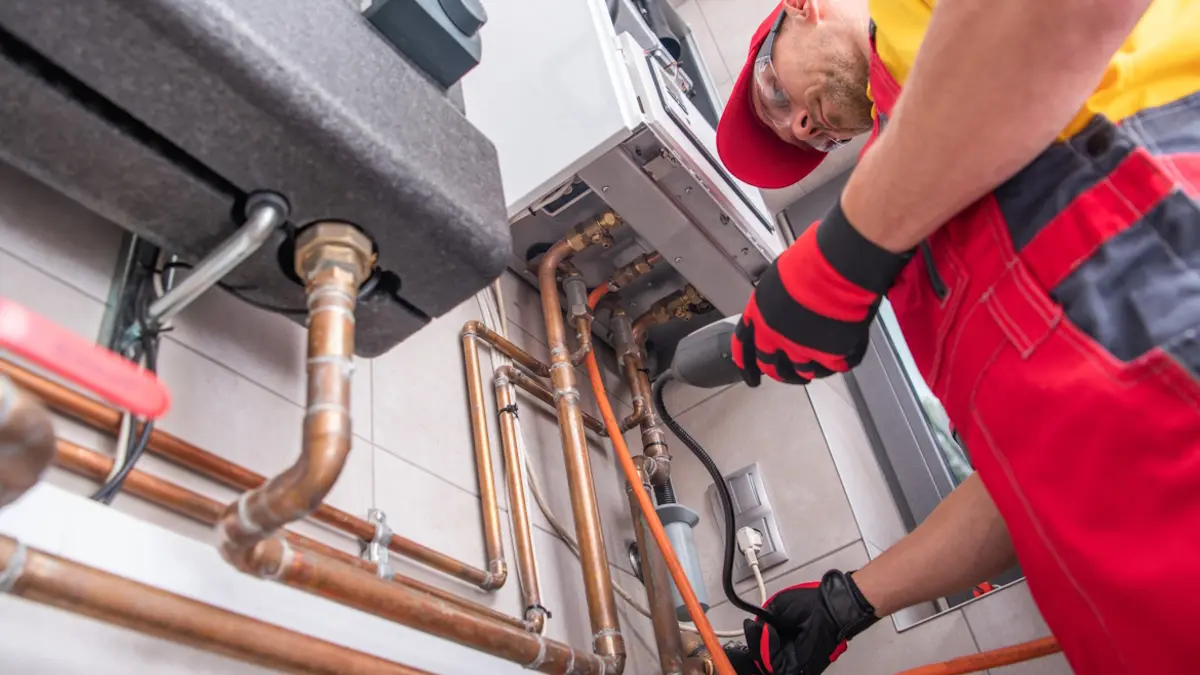 Installateur arbeitet an Gasheizung