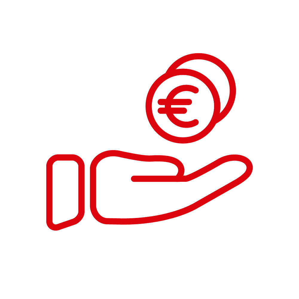 stilisierte Hand mit nach oben offener Handfläche mit stilisierten Euro-Münzen darüber