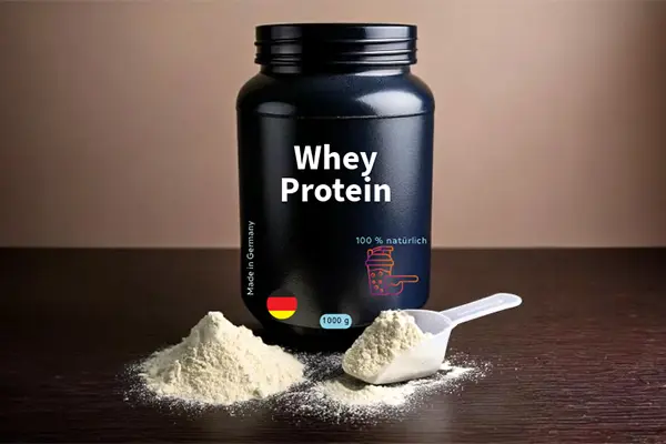 Eine schwarze Dose mit der Aufschrift "Whey-Protein", die eine deutsche Flagge als Herkunftsnachweis trägt