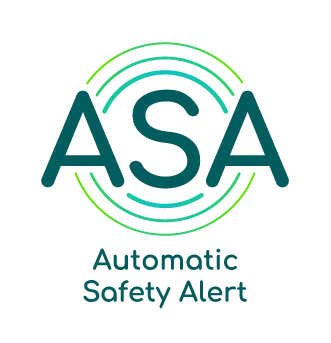 ASA – Automatic Safety Alert" mit dunkelblau-türkisen Großbuchstaben ASA, umgeben von konzentrischen grünen und türkisen Bogenlinien, die Signalwellen andeuten, darunter der Schriftzug „Automatic Safety Alert
