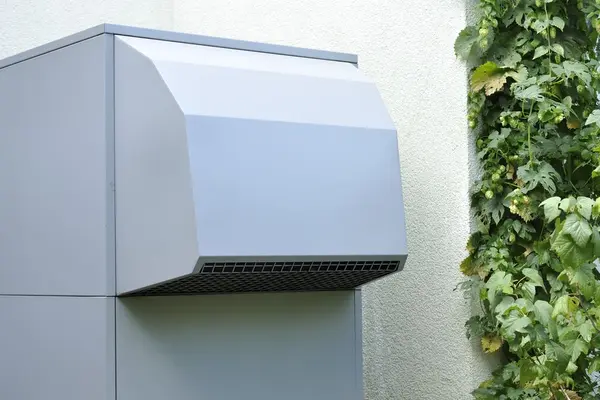 Wärmepumpe Hauswand und grüne Rankpflanze