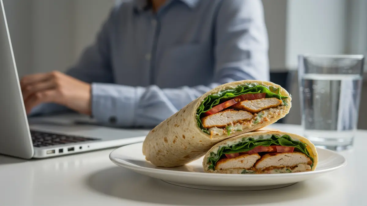 Zwei Wraps auf einem Bürotisch mit Mensch am Laptop im Hintergrund