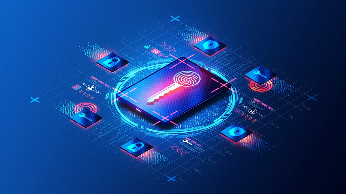 3D-Grafik eines Smartphones mit leuchtendem Schlüssel und Fingerabdruck auf dem Display und diversen Login-Symbolen (Schloss, Schild, Schlüssel) herum drapiert
