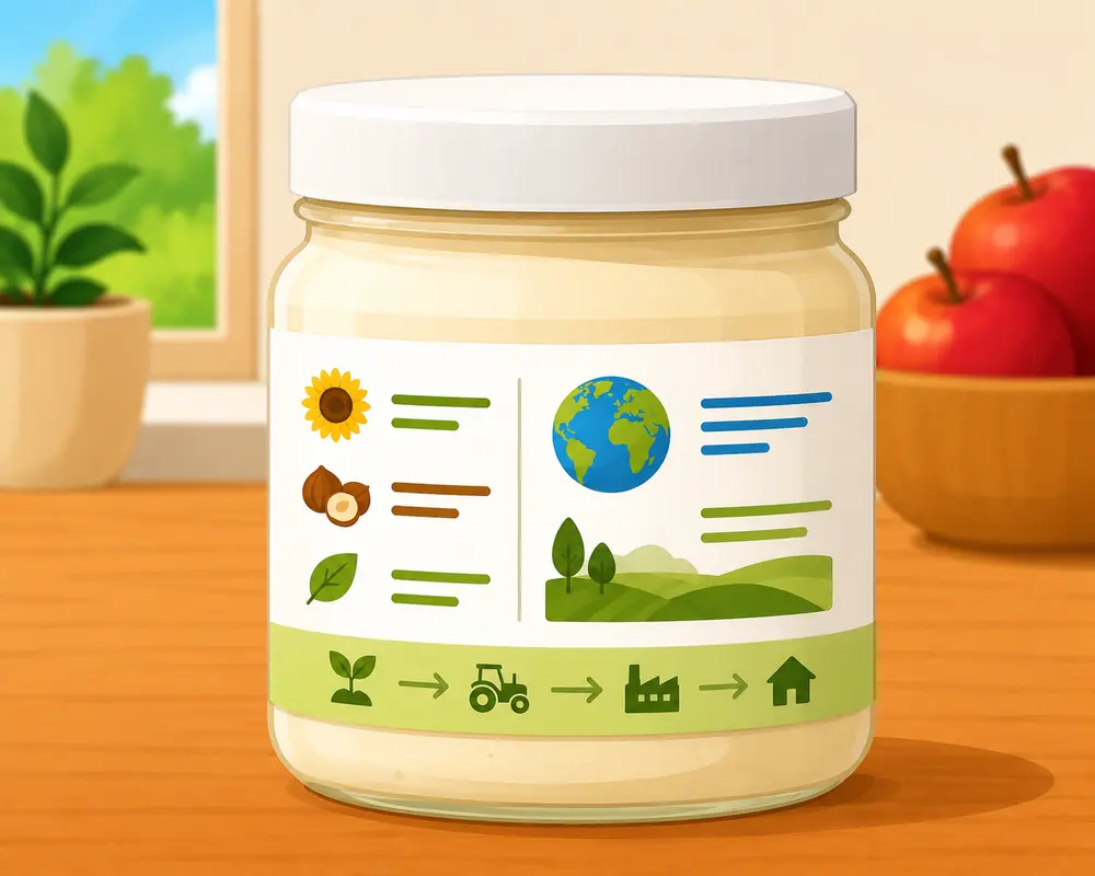 für leichte Sprache: Glas mit Brotaufstrich mit Infos darauf