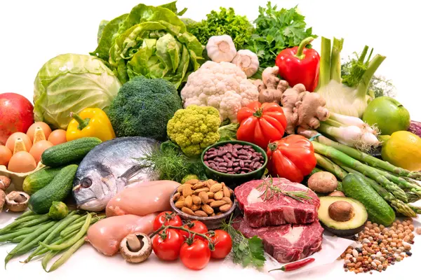 Gemüse, Hülsenfrüchte, Fleischsorten, Fisch, Eier 