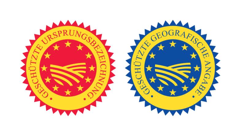 Die Logos für geschützte Ursprungsbezeichnung und geschützte geografische Angabe