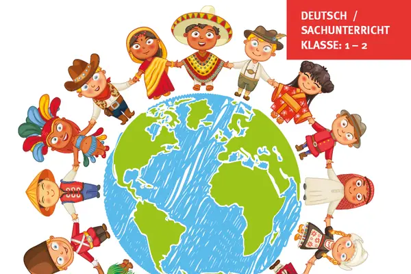 Kinder umringen eine Weltkugel und halten sich an den Händen